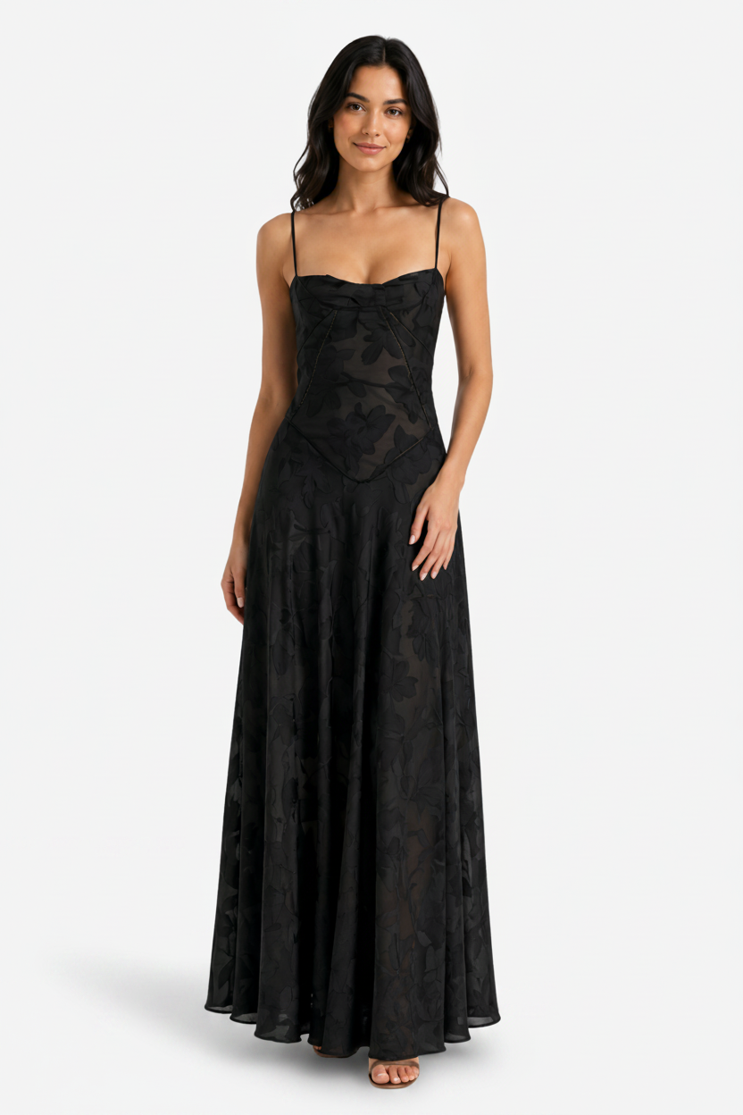 NOMU | Women's Mesh Maxi Dress – Spaghetti Strap Floral Overlay Fitted Design