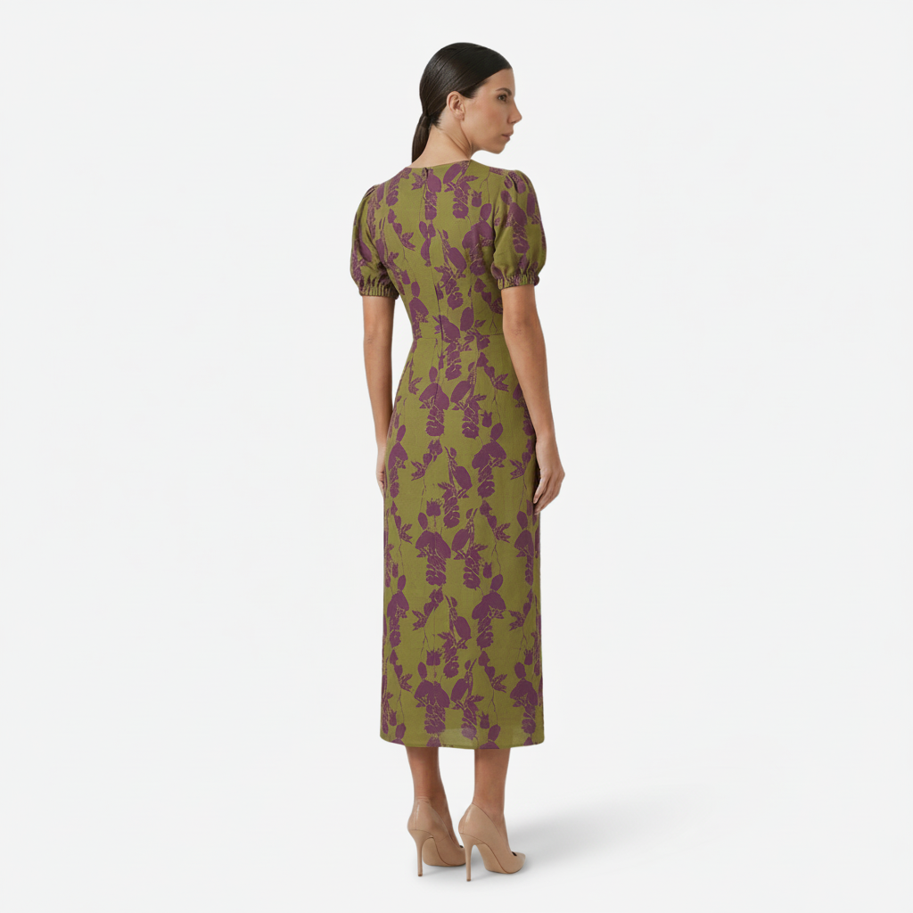 NOMU | Women's Floral Puff Sleeve Midi Dress – Elegant Wrap Waist Evening Dress