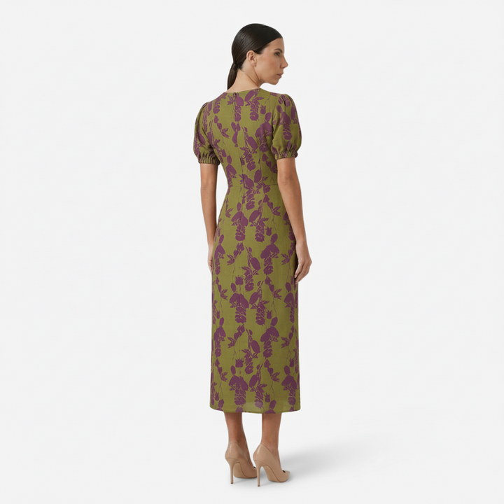 NOMU | Women's Floral Puff Sleeve Midi Dress – Elegant Wrap Waist Evening Dress