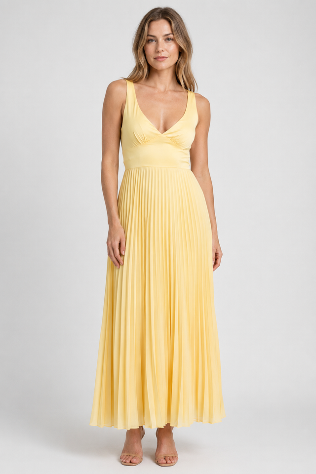 NOMU | Women's Pleated Maxi Dress – Sleeveless V Neck Flowy Design