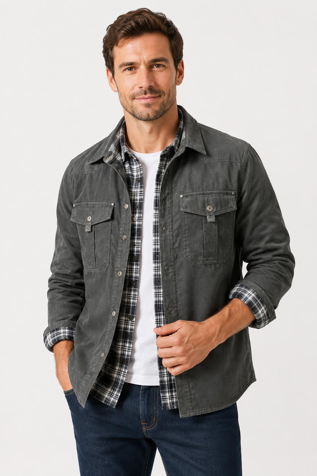 NOMU | Men's Utility Jacket Shirt – Button-Up Long Sleeve Casual Overshirt