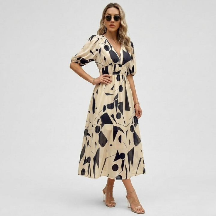 NOMU | Women's Abstract Print Midi Dress – V Neck Puff Sleeve Elastic Waist Design