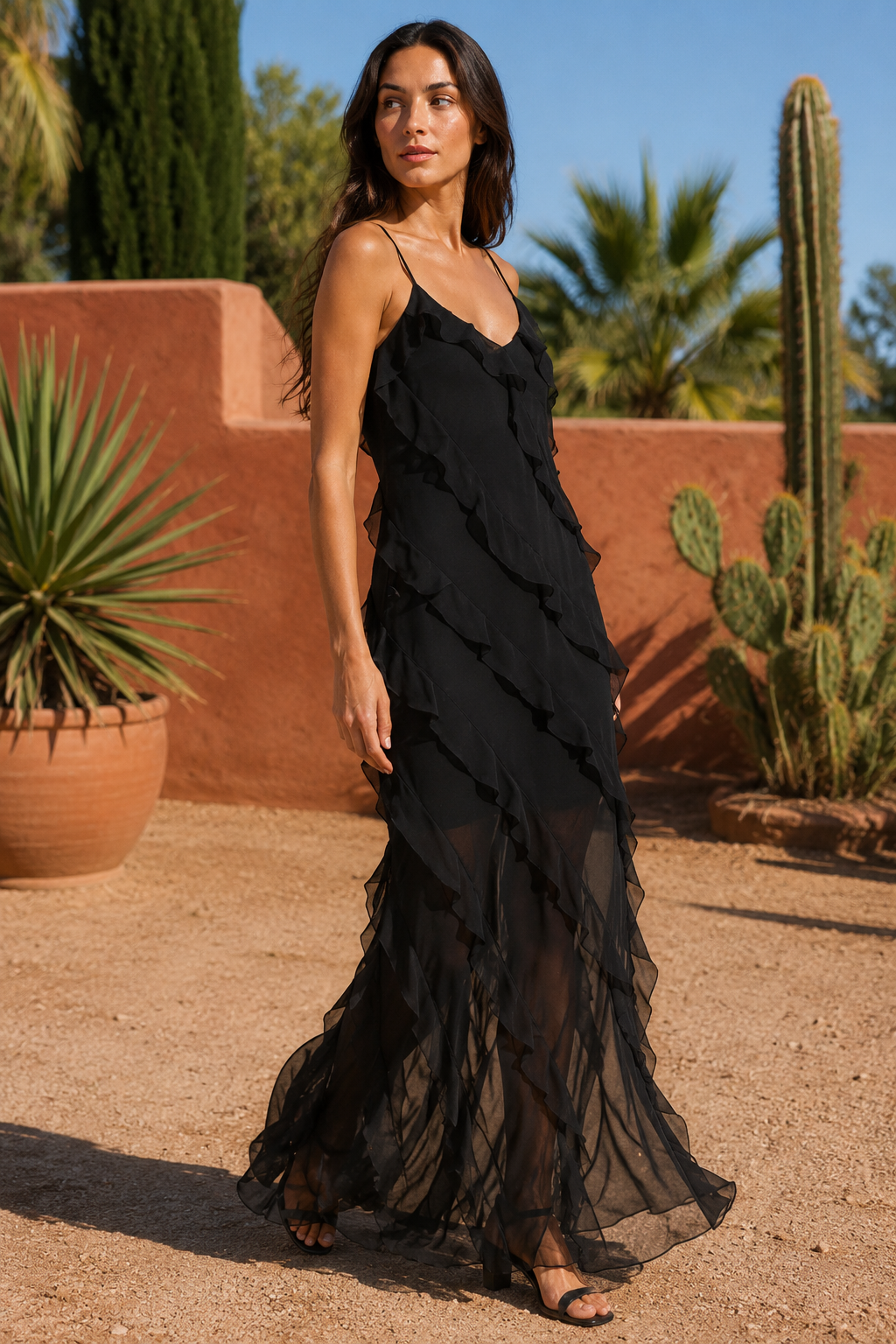 NOMU | Women's Sheer Ruffle Maxi Dress – Elegant Spaghetti Strap Evening Party Dress