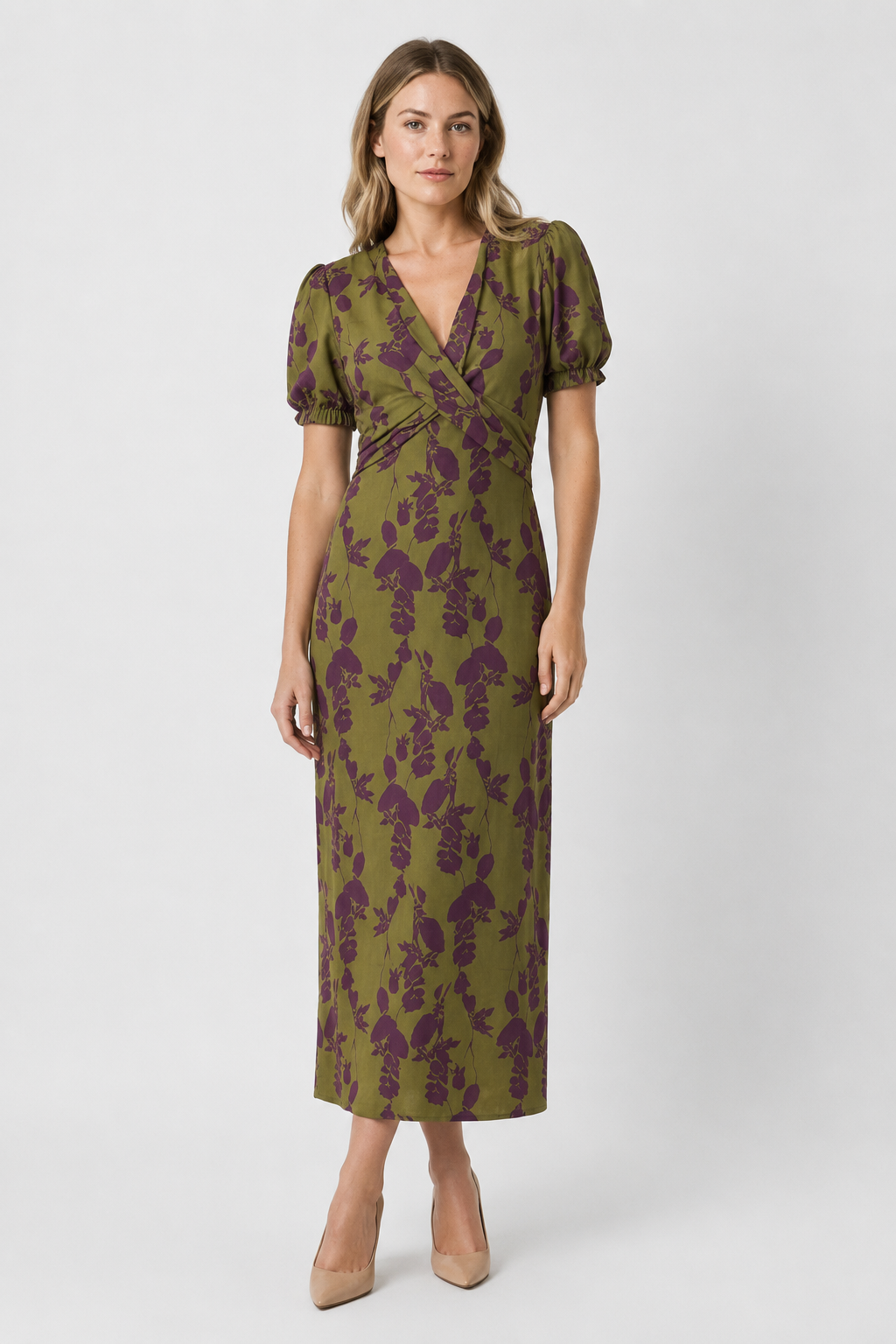 NOMU | Women's Floral Puff Sleeve Midi Dress – Elegant Wrap Waist Evening Dress