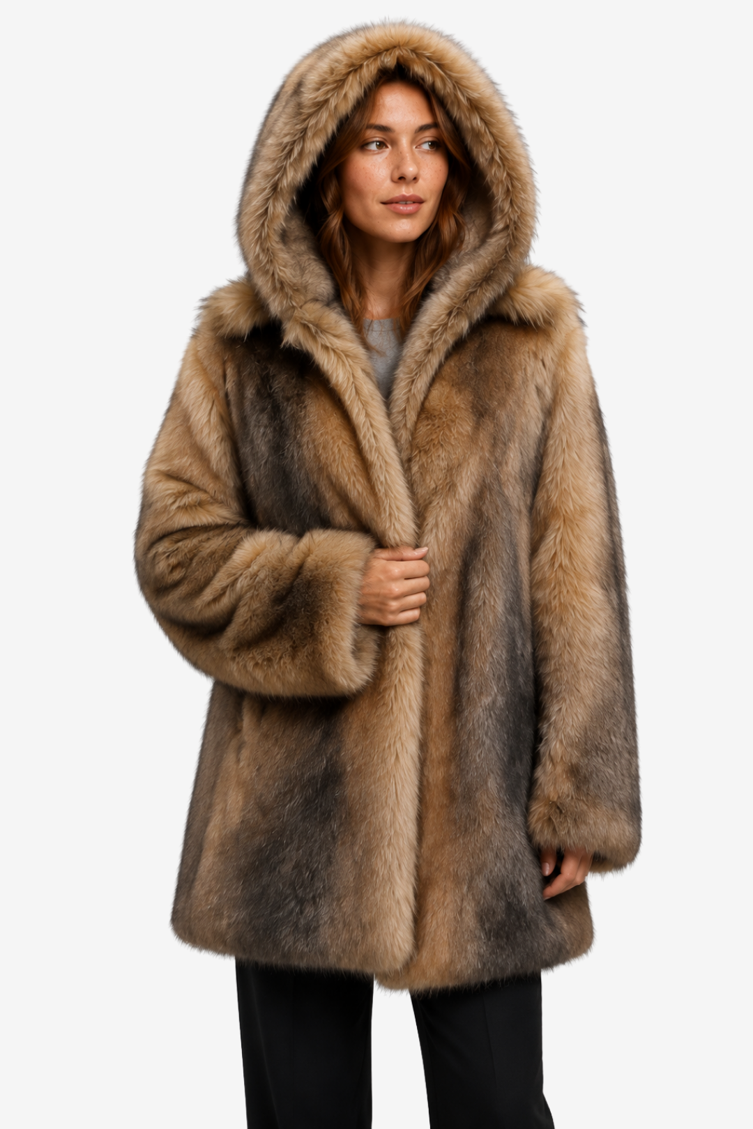 NOMU | Women's Long Hooded Coat – Faux Fur Finish with Single-Button Closure