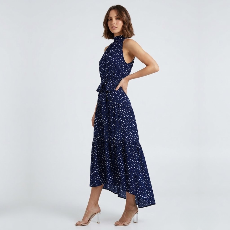 NOMU | Women's Polka Dot Halter Maxi Dress – Elegant Sleeveless Tie Waist Dress
