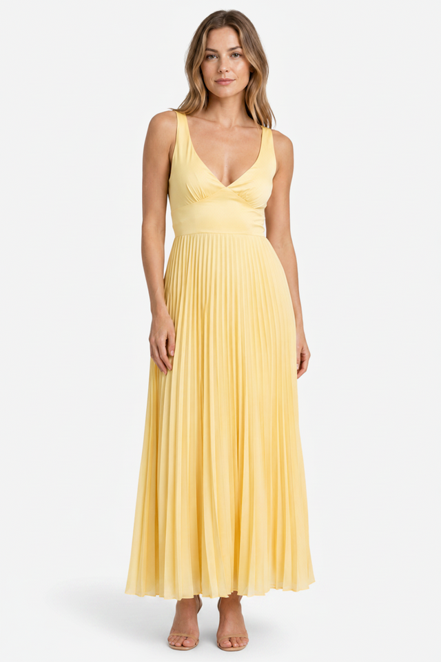 NOMU | Women's Pleated Maxi Dress – Sleeveless V Neck Flowy Design