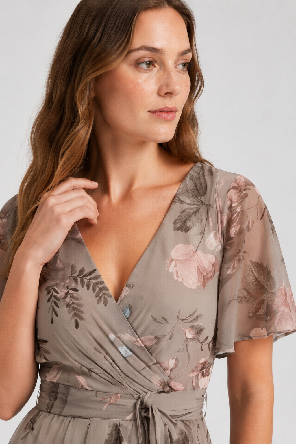 NOMU | Women's Floral Midi Dress – V Neck Flutter Sleeve Tie Waist Wrap Design
