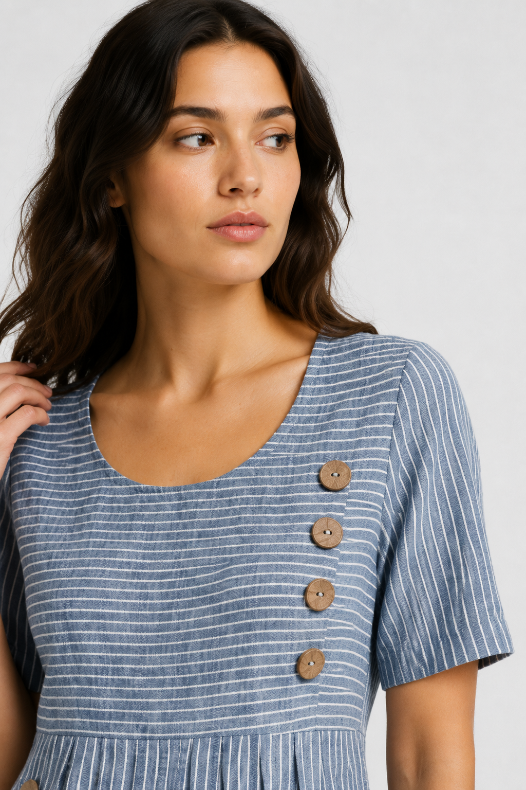 NOMU | Women's Striped Button Detail Midi Dress – Casual Short Sleeve Linen Look Dress
