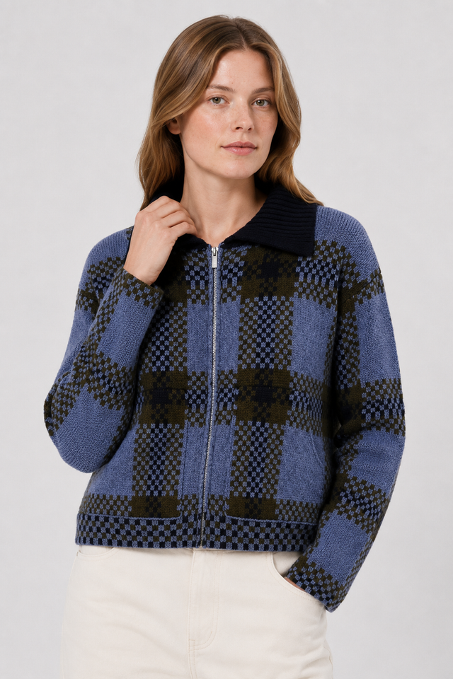 NOMU | Women's Plaid Knit Zip-Up Jacket – Soft Checkered Cardigan Coat