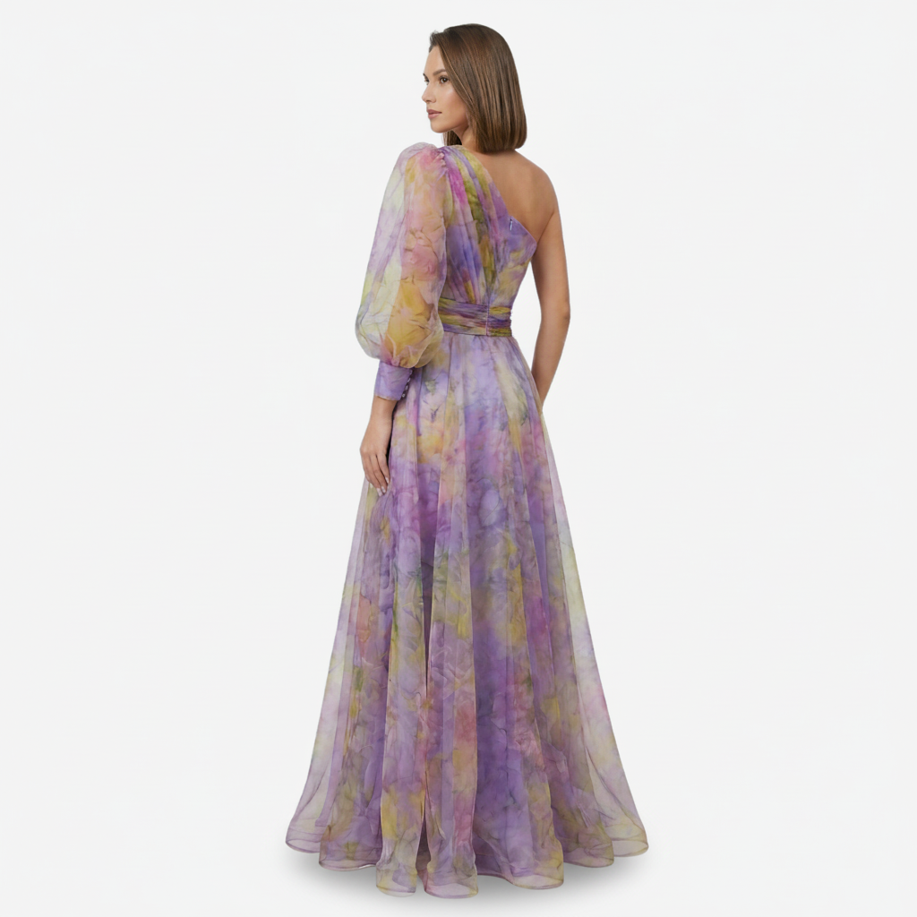 NOMU | Women's Floral One-Shoulder Evening Gown – Elegant High Slit Maxi Dress