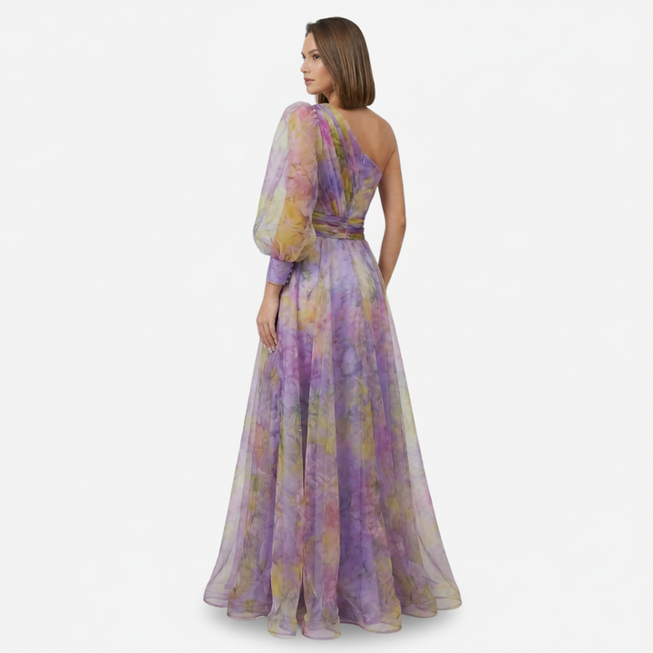 NOMU | Women's Floral One-Shoulder Evening Gown – Elegant High Slit Maxi Dress
