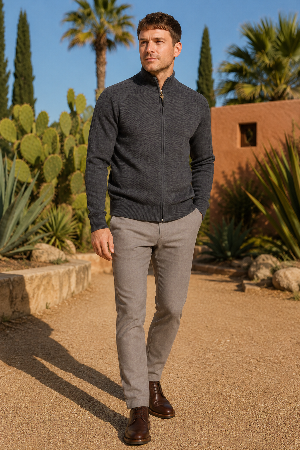 NOMU | Men's Zip-Up Knit Sweater Jacket – Textured Stand Collar Cardigan