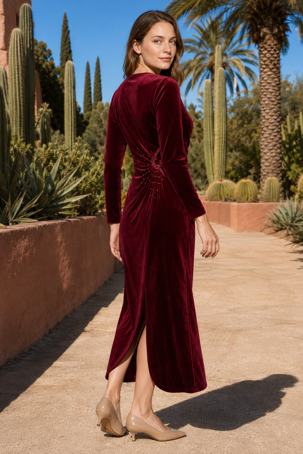 NOMU | Women's Velvet Wrap Midi Dress – Elegant Long Sleeve Rhinestone Evening Dress