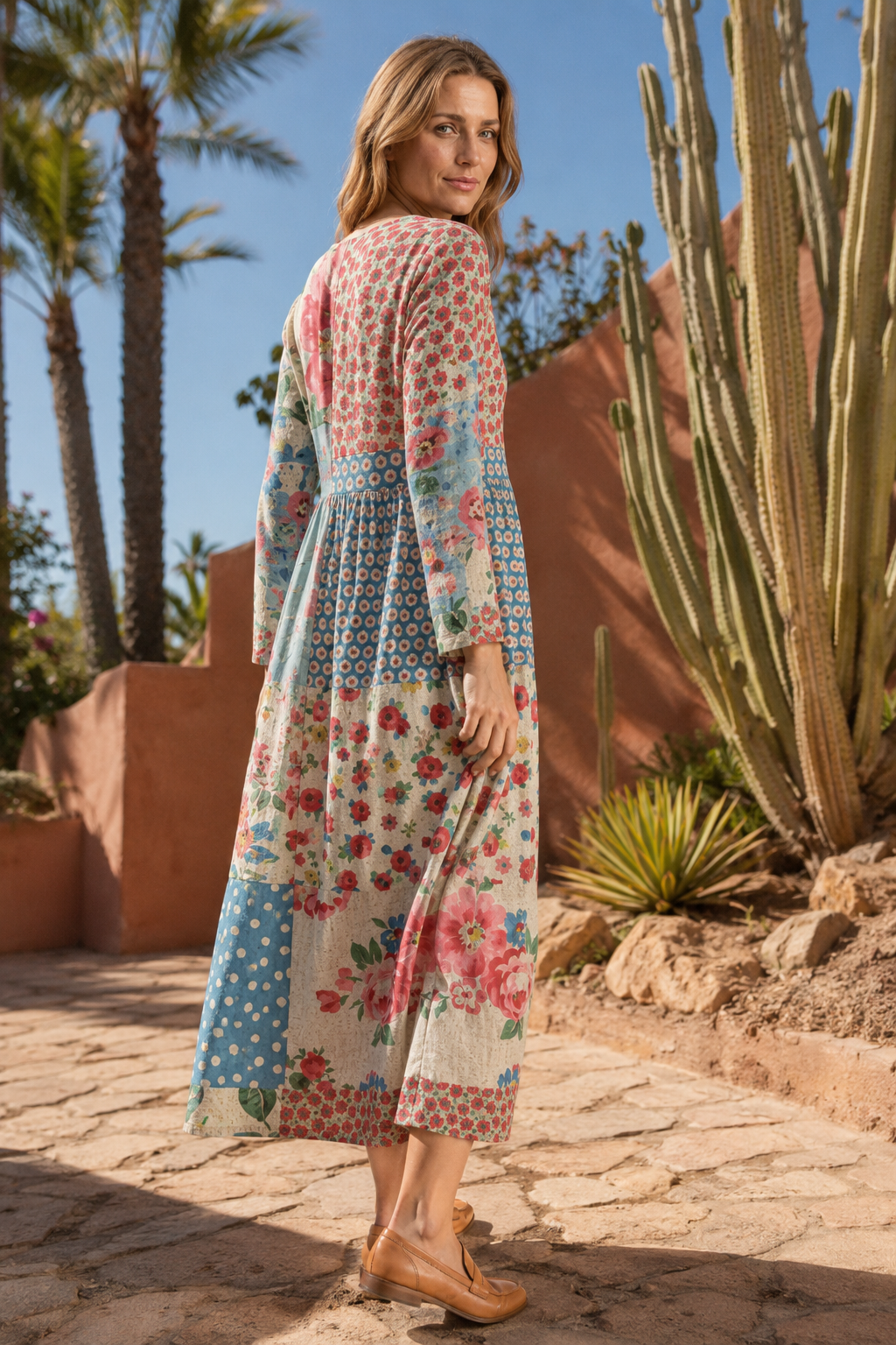 NOMU | Women's Patchwork Midi Dress – Long Sleeve V Neck Relaxed Fit Design