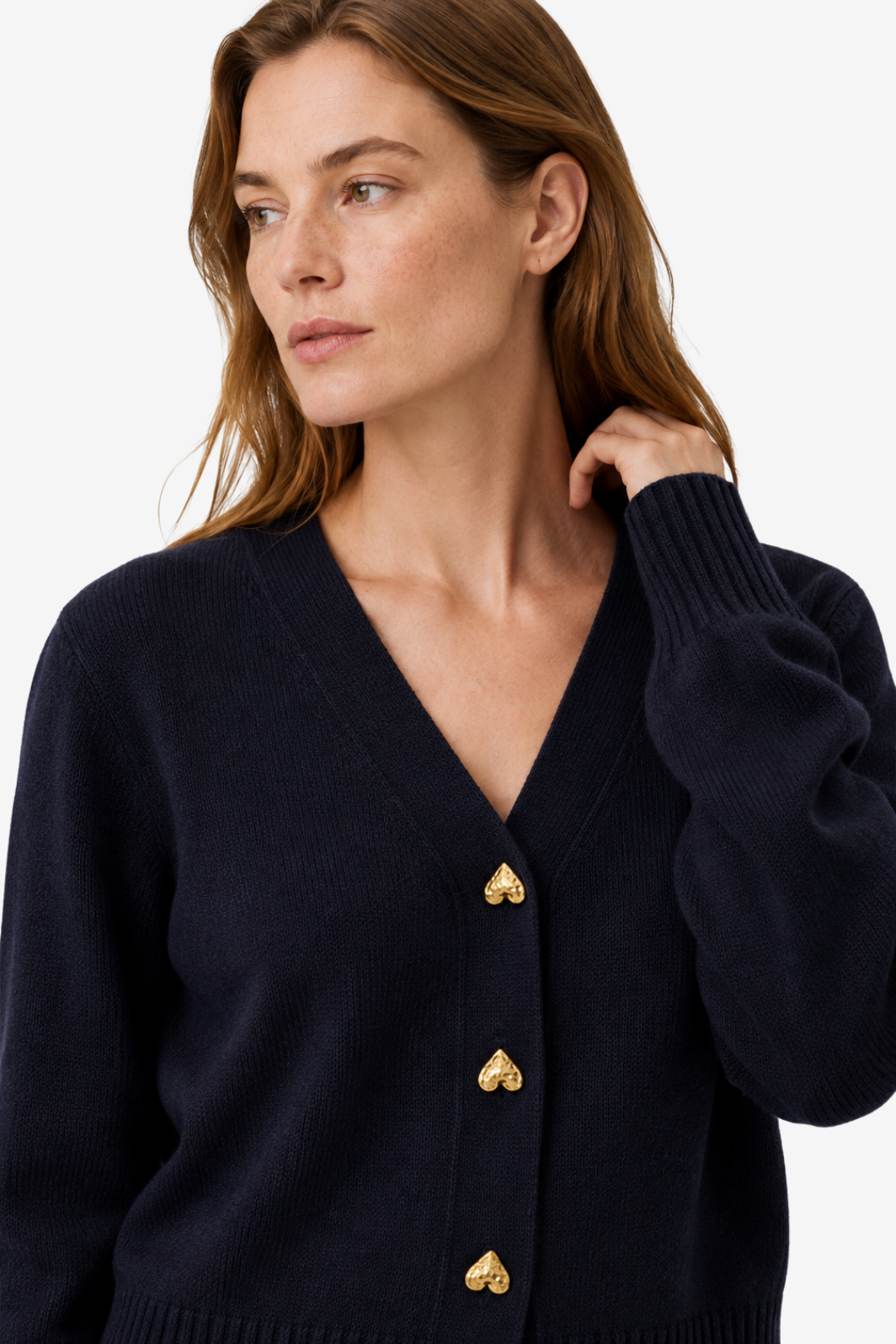 NOMU | Women's V-Neck Knit Cardigan – Heart Button Front Relaxed Design