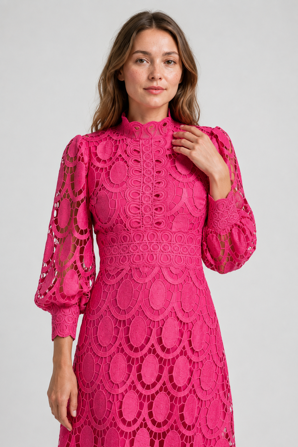 NOMU | Women's Floral Lace Midi Dress – Elegant High Neck Puff Sleeve Party Dress
