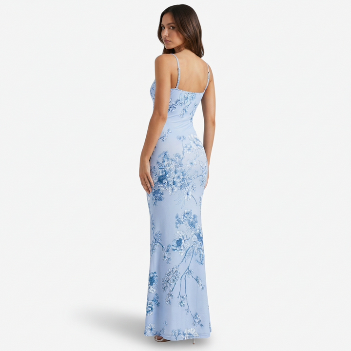NOMU | Women's Floral Print Satin Maxi Dress – Elegant Spaghetti Strap Slip Dress