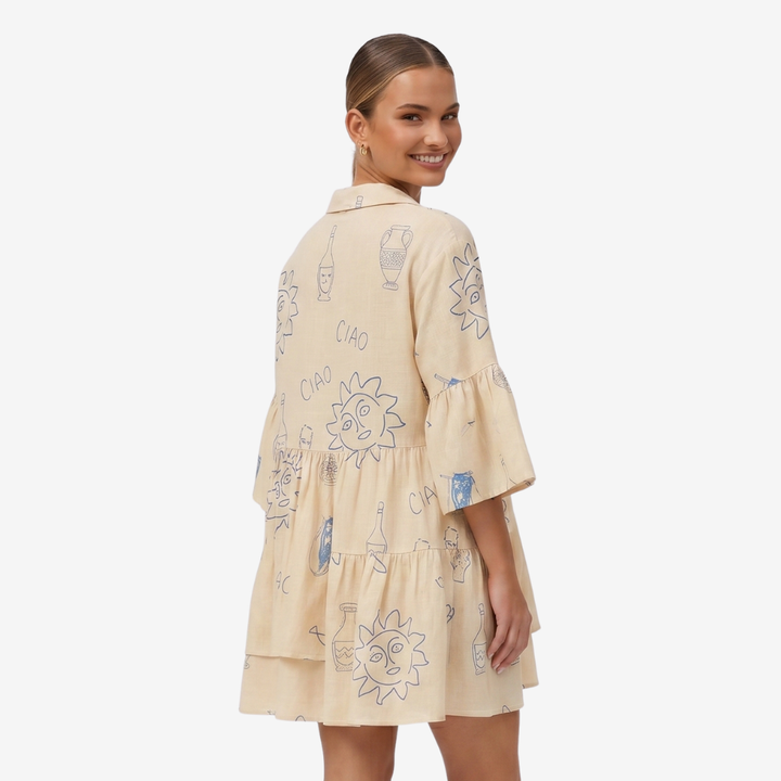 NOMU | Women's Printed Mini Dress – V Neck Button Front Tiered Loose Fit Design