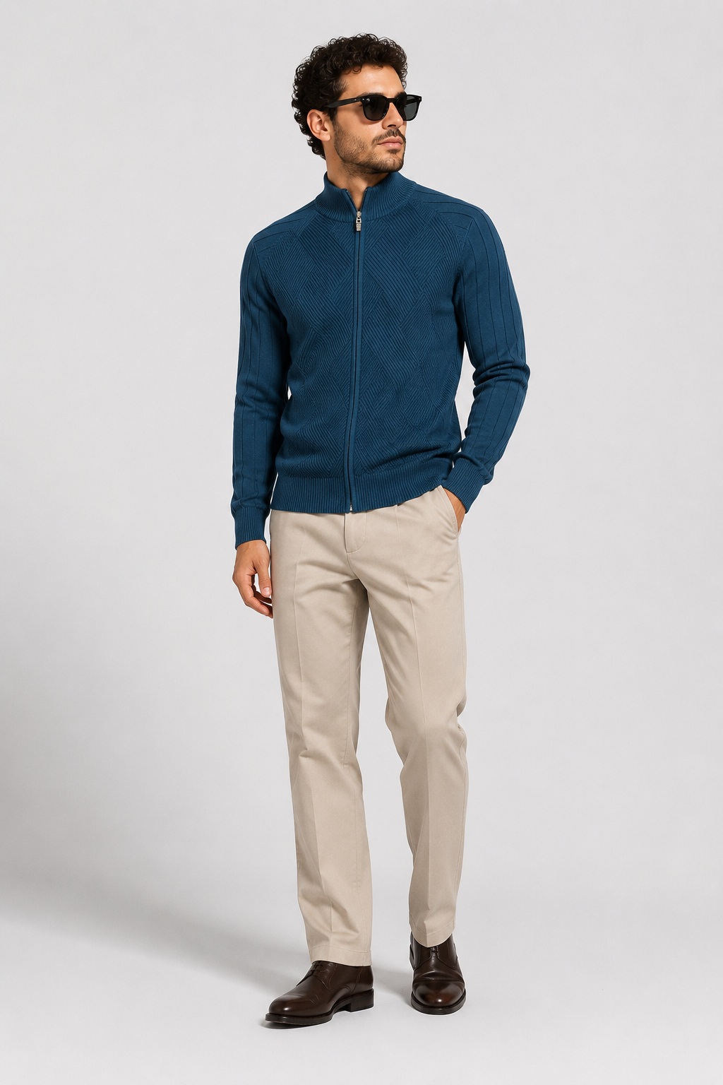 NOMU | Men's Zip-Up Knit Sweater Jacket – Textured Stand Collar Cardigan