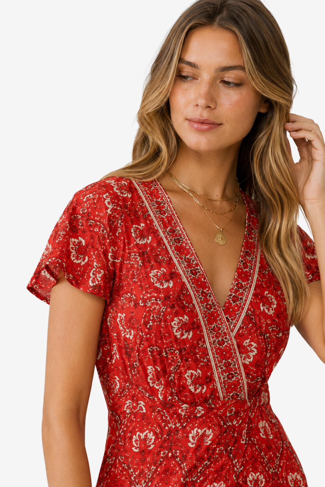 NOMU | Women's Printed Midi Dress – V Neck Short Sleeve Wrap Style Side Slit Design
