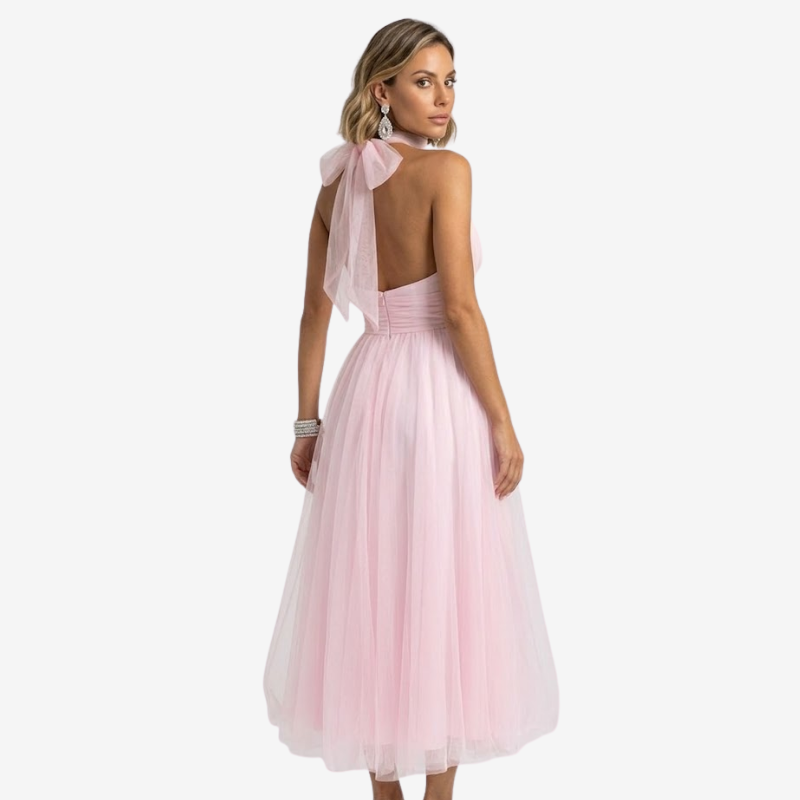 NOMU | Women's Halter Neck Tulle Midi Dress – Elegant Sleeveless Princess Party Dress