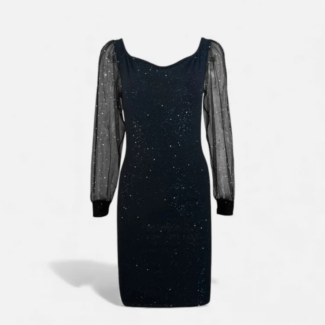 NOMU | Women's Glitter Mesh Sleeve Midi Dress – Elegant Sparkly Evening Party Dress