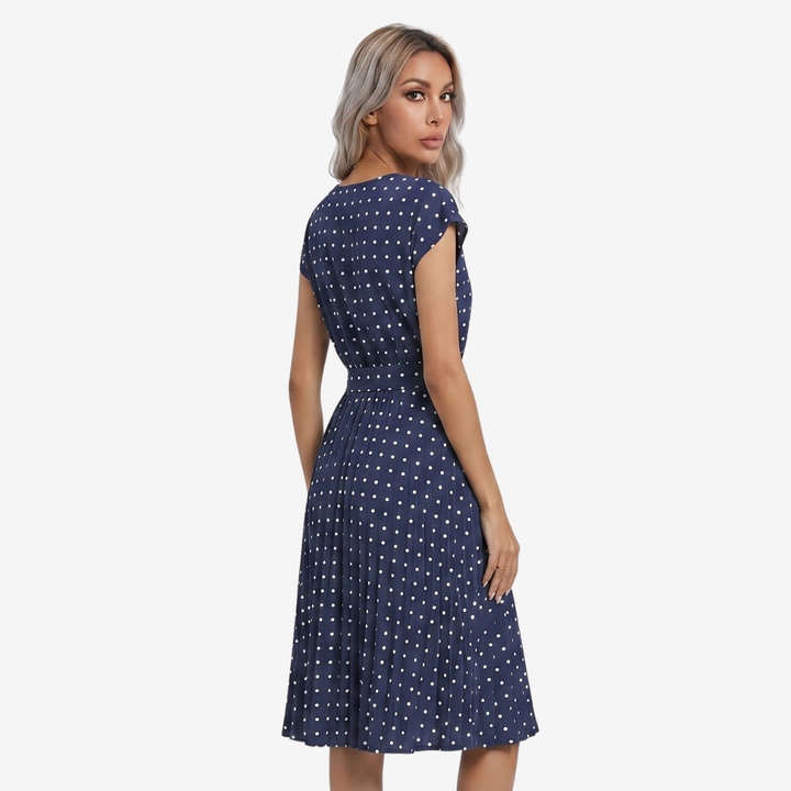 NOMU | Women's Polka Dot Midi Dress – Short Sleeve Tie Waist Pleated Design