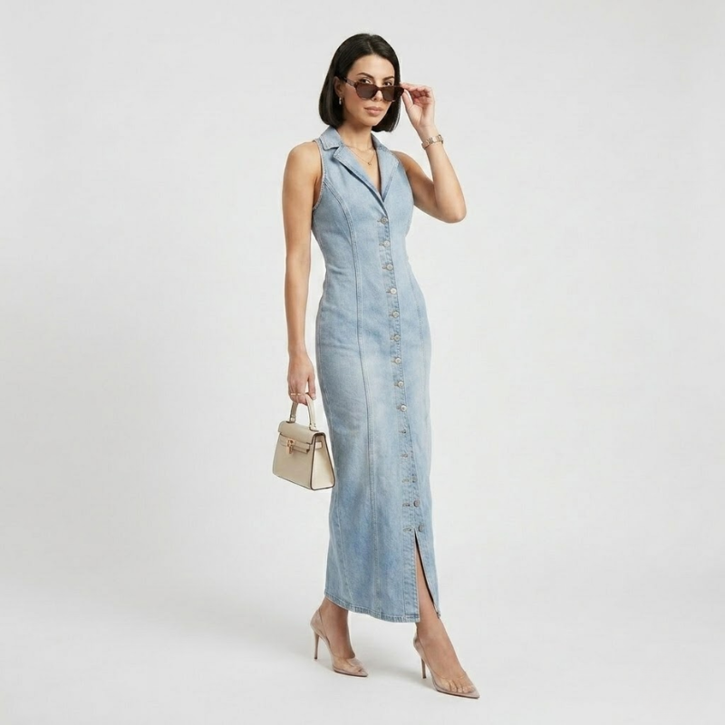 NOMU | Women's Denim Midi Dress – Sleeveless Button Front Fitted Design