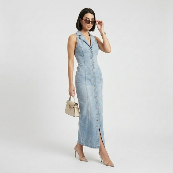 NOMU | Women's Denim Midi Dress – Sleeveless Button Front Fitted Design