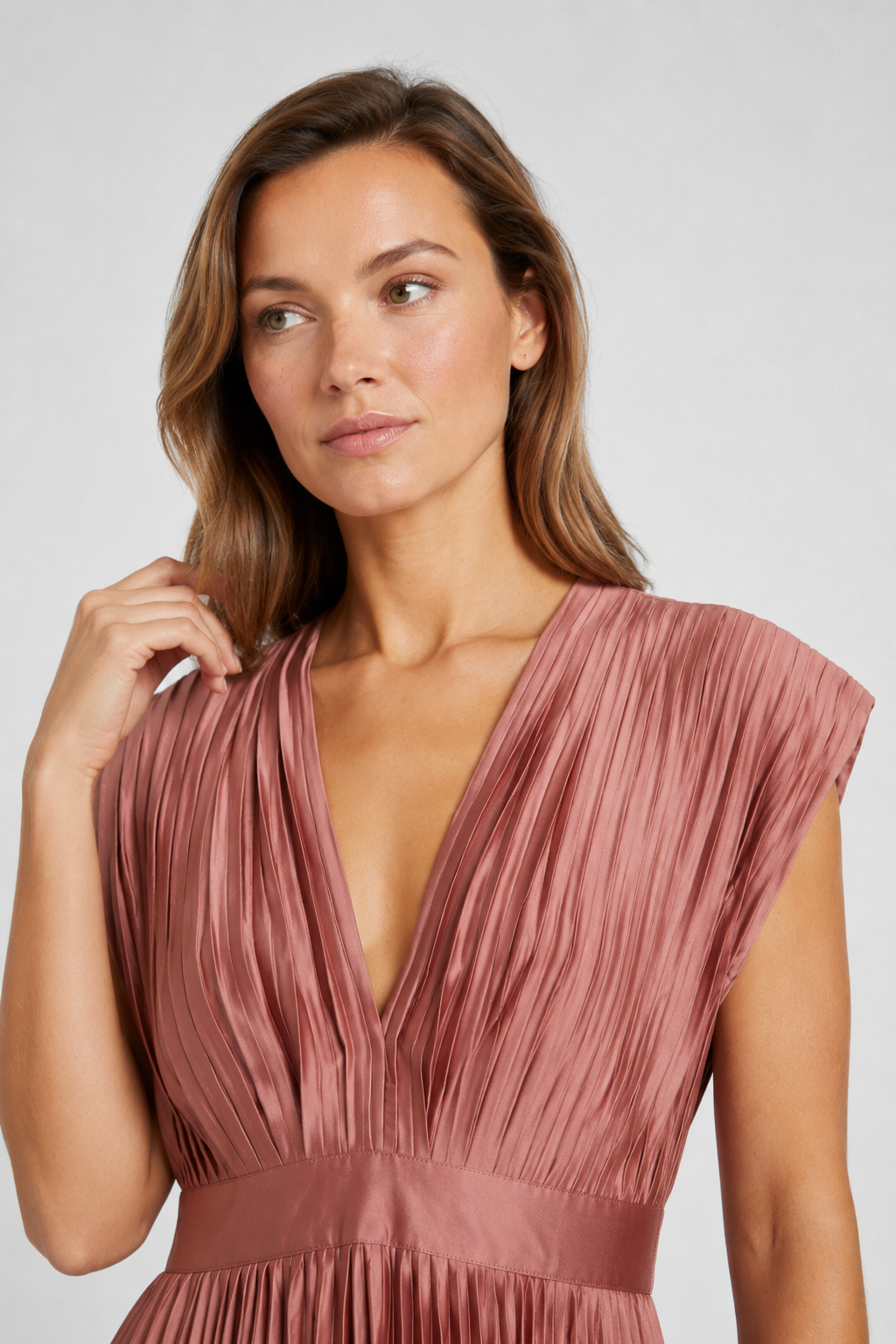 NOMU | Women's Pleated V-Neck Midi Dress – Elegant Sleeveless Flowing Evening Dress