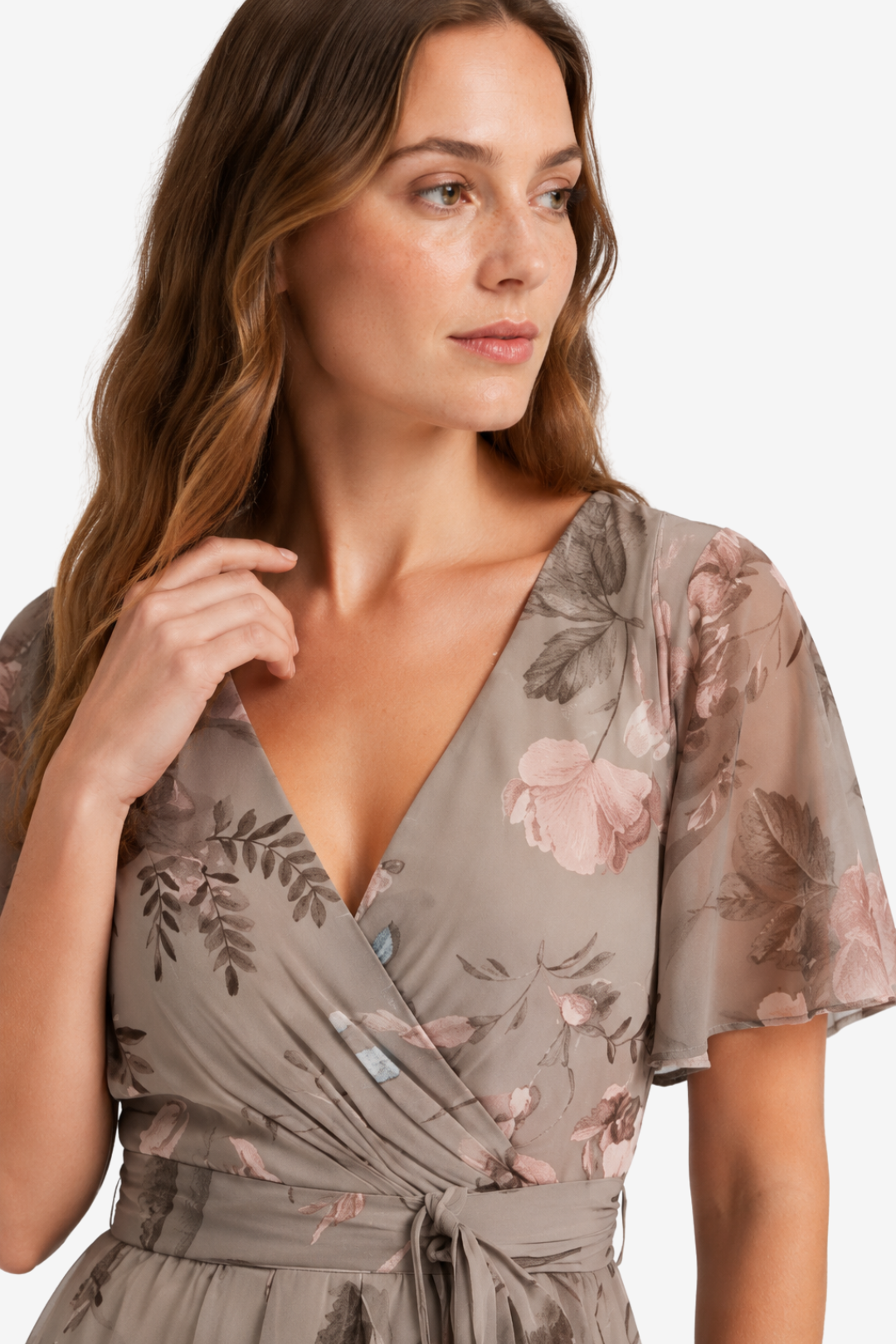 NOMU | Women's Floral Midi Dress – V Neck Flutter Sleeve Tie Waist Wrap Design