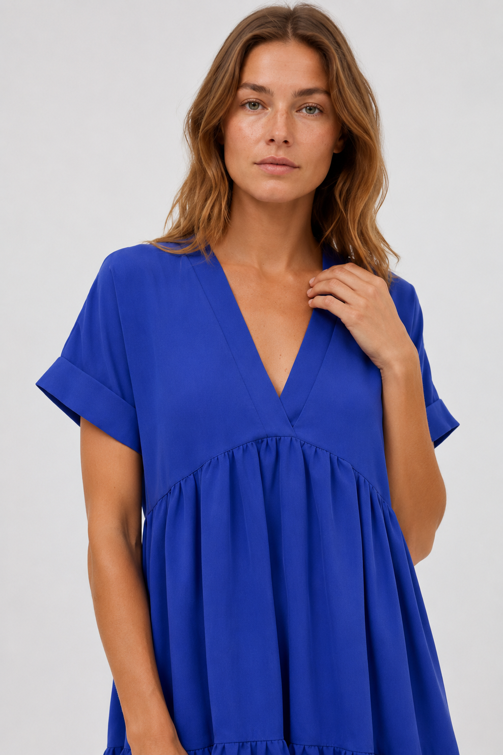 NOMU | Women's Tiered Mini Dress – V Neck Short Sleeve Loose Fit Design