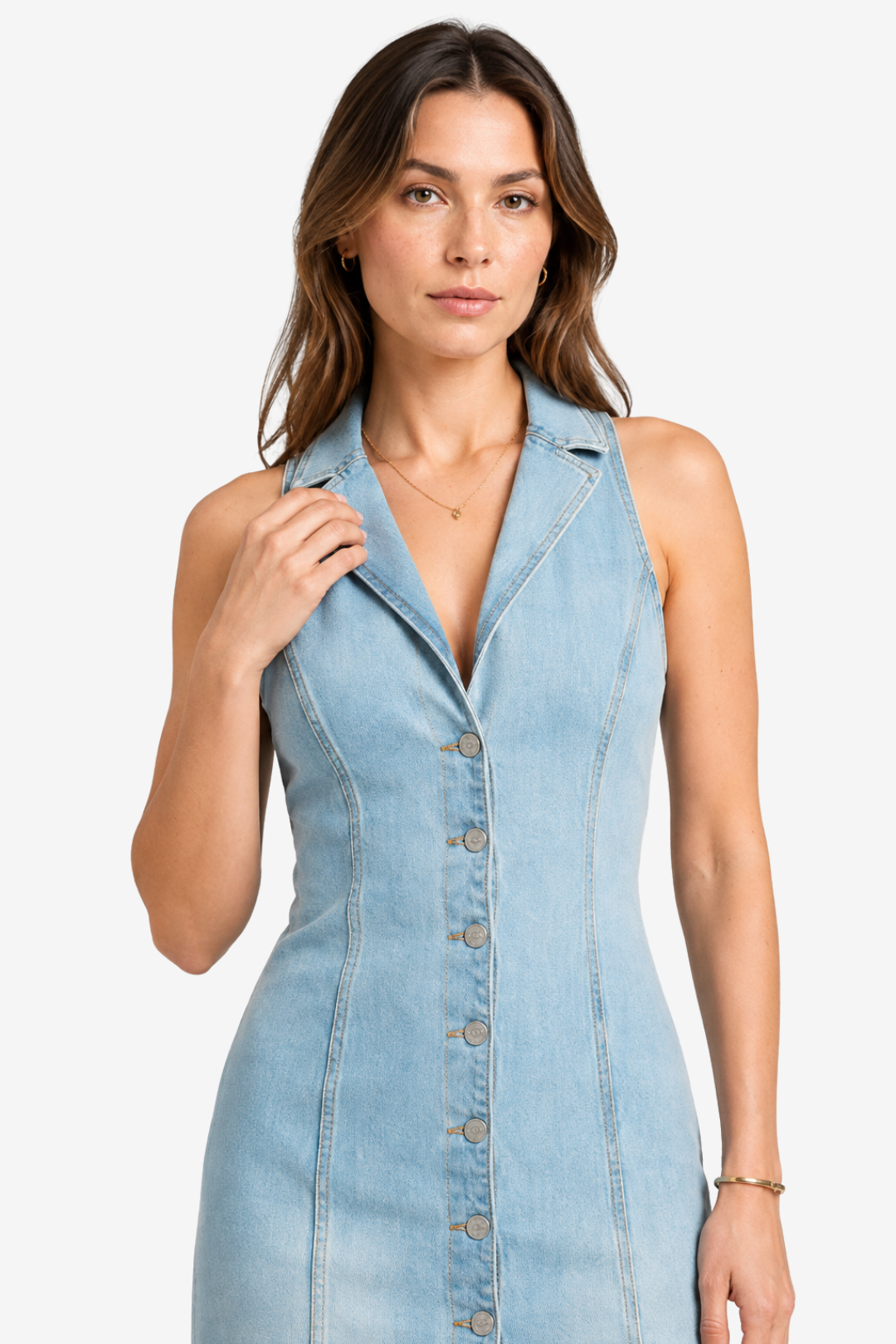 NOMU | Women's Denim Midi Dress – Sleeveless Button Front Fitted Design