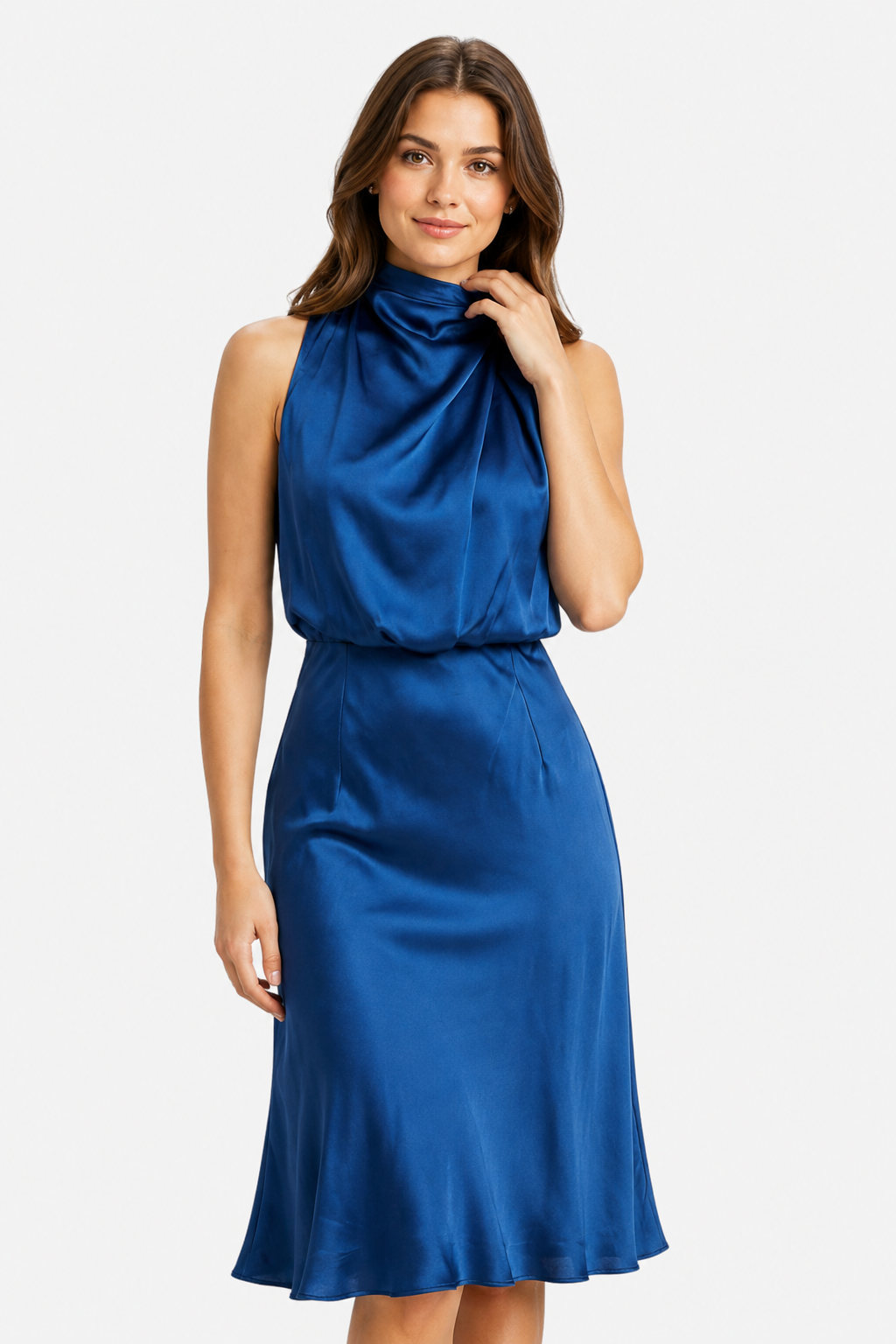 NOMU | Women's Satin High Neck Midi Dress – Elegant Sleeveless Evening Slip Dress