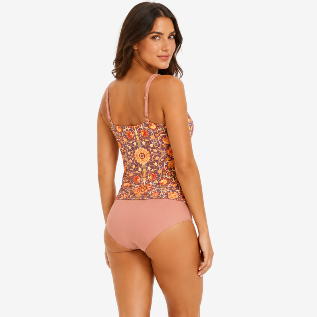 NOMU | Women's Asymmetrical Tankini Swimsuit Set – Printed Tummy Control Top with High Waist Bottoms