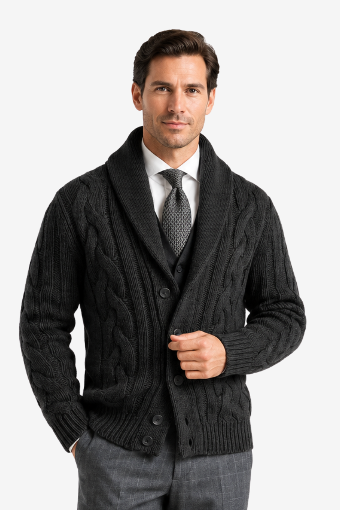 NOMU | Men's Cable Knit Cardigan – Shawl Collar Button Front Design