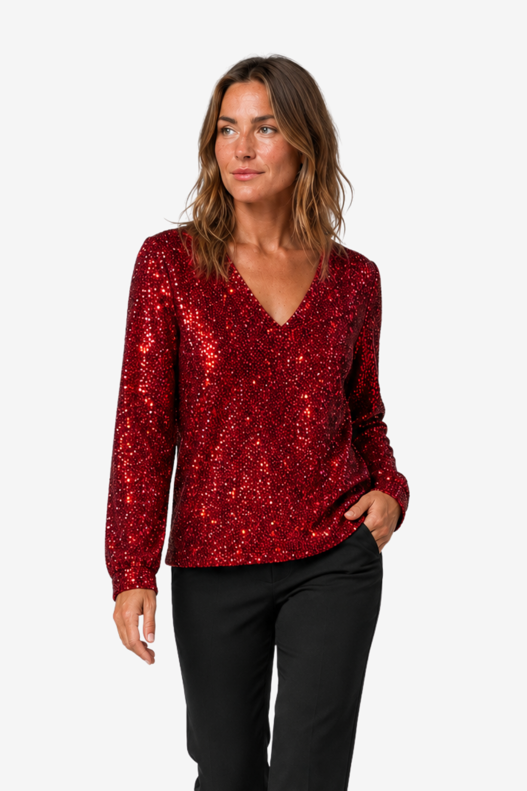 NOMU | Women's Long-Sleeve Sequin Blouse – V-Neck Design for Parties and Weekend Events