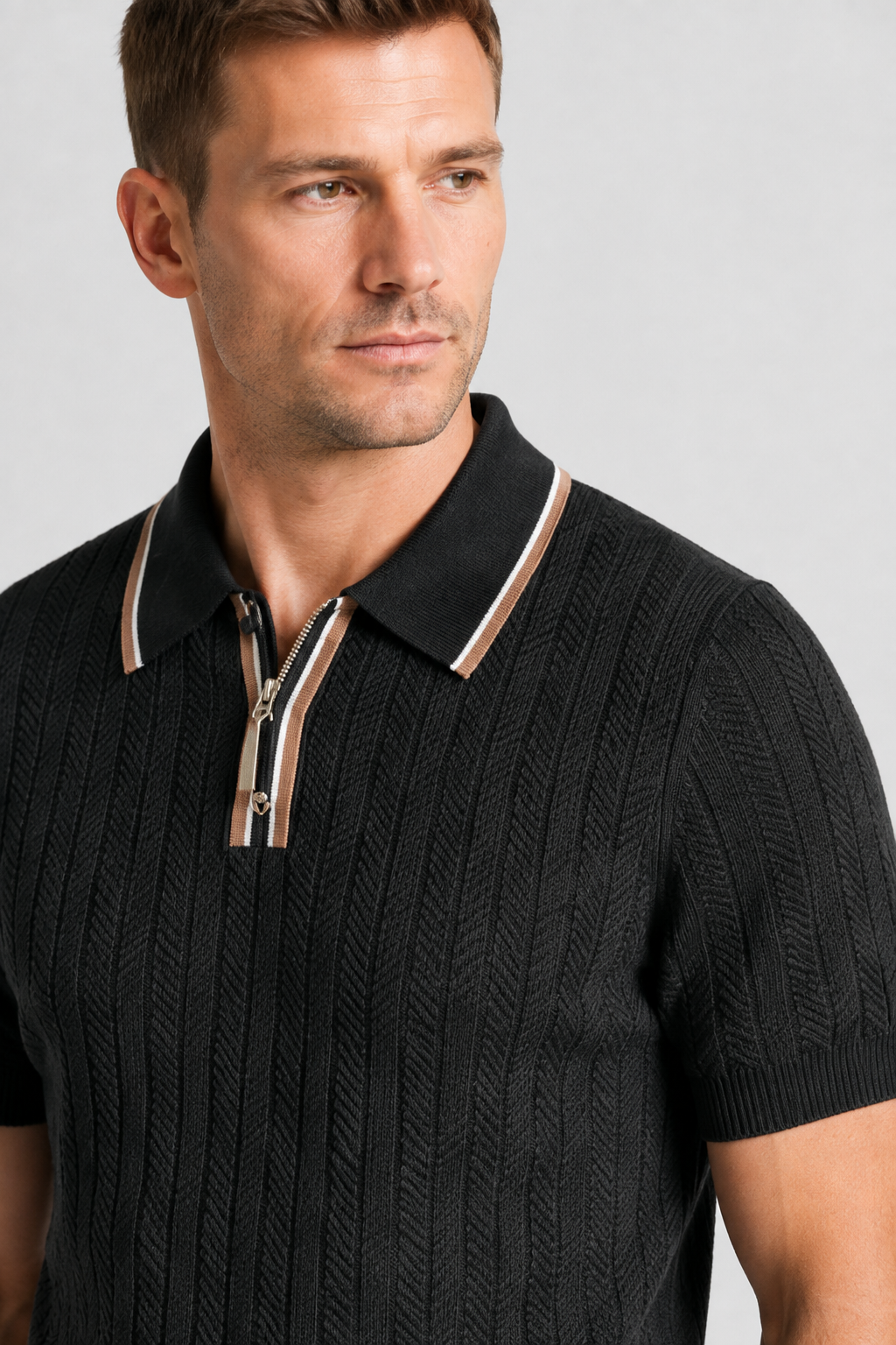 NOMU | Men’s Contrast Trim Ribbed Knit Polo Shirt
