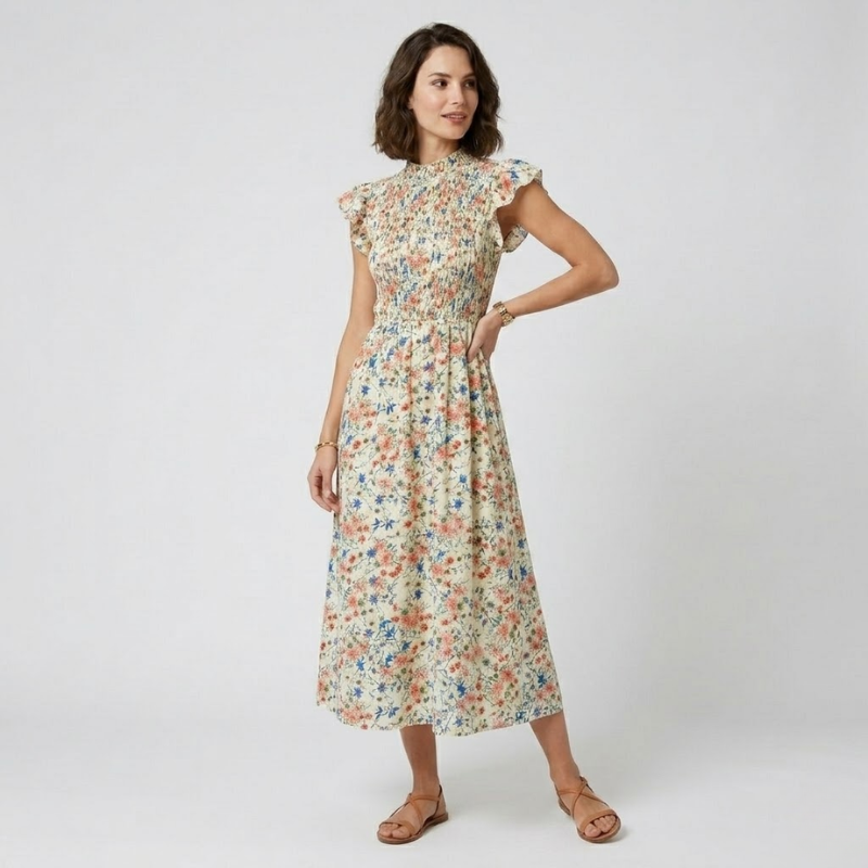 NOMU | Women's Floral Midi Dress – High Neck Flutter Sleeve Smocked Waist Design