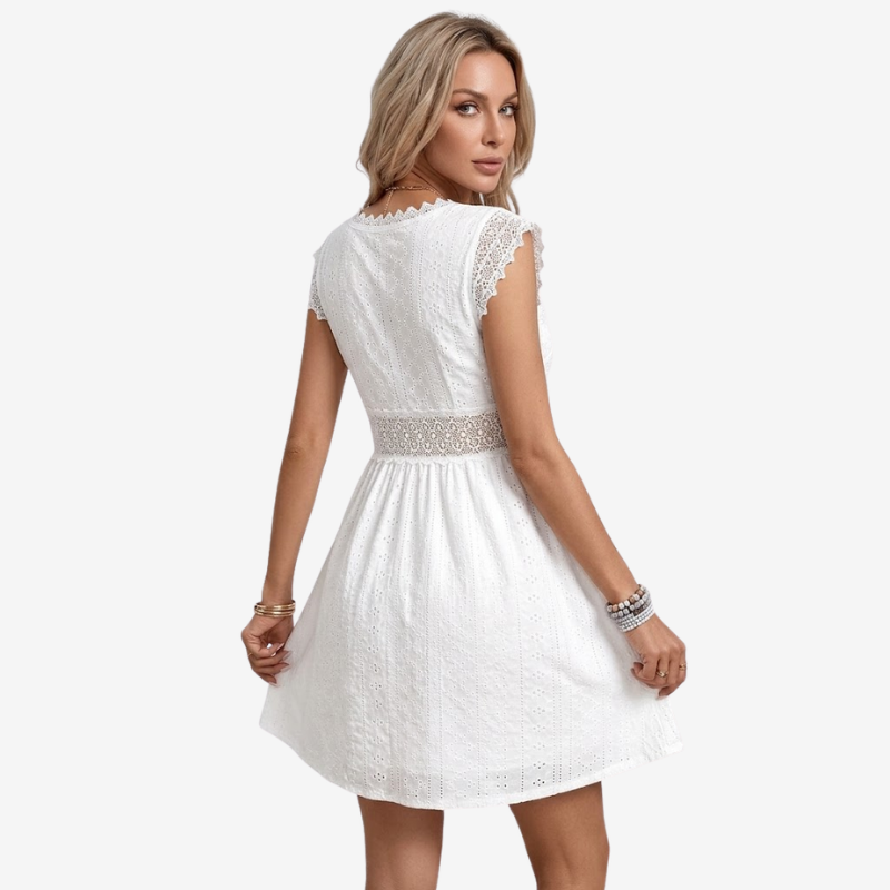NOMU | Women's Lace Trim Eyelet Mini Dress – Elegant Sleeveless Summer Dress