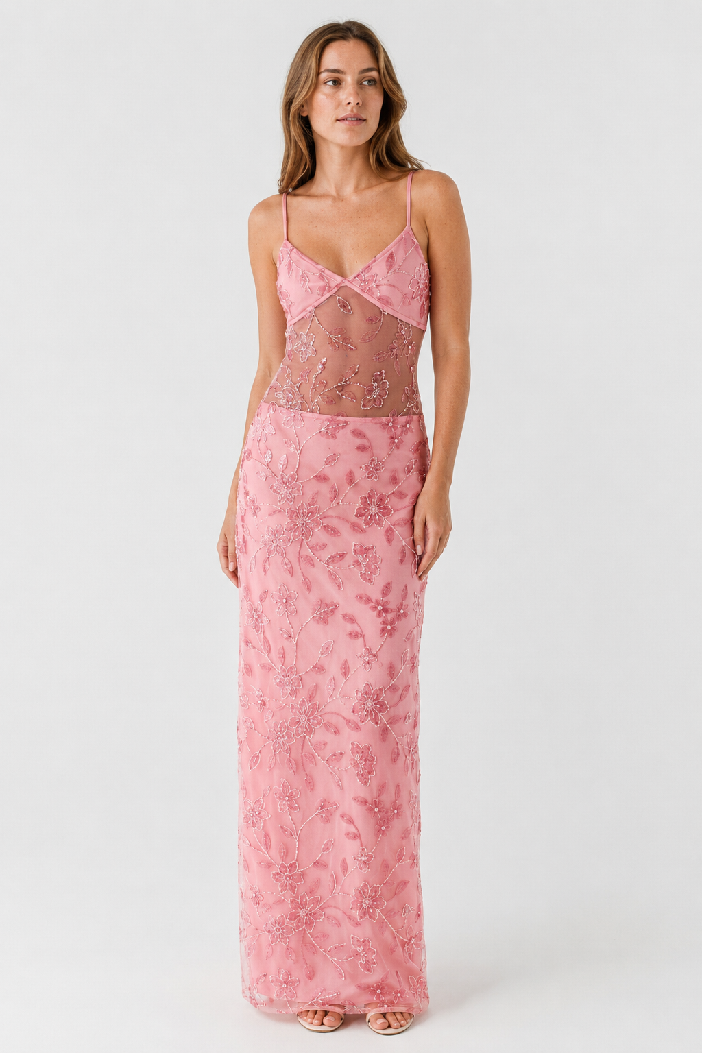 NOMU | Women's Embroidered Maxi Dress – Sleeveless Mesh Cut-Out Bodycon Design