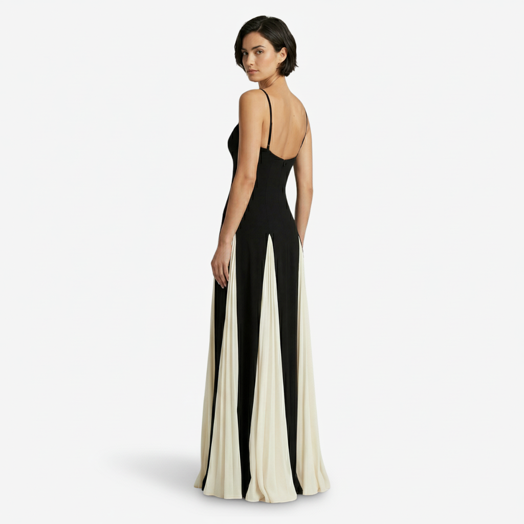 NOMU | Women's Pleated Panel Maxi Dress – Elegant Spaghetti Strap Evening Gown