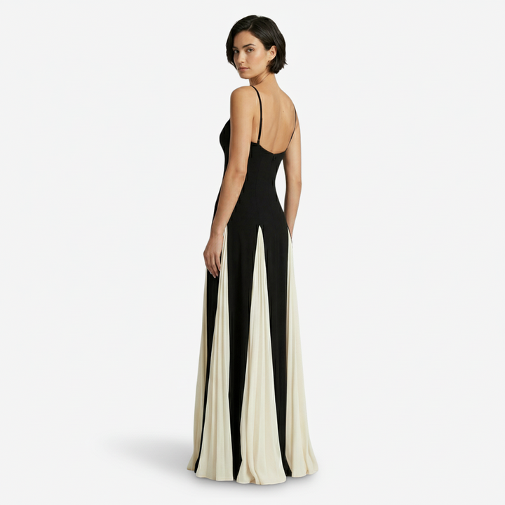 NOMU | Women's Pleated Panel Maxi Dress – Elegant Spaghetti Strap Evening Gown