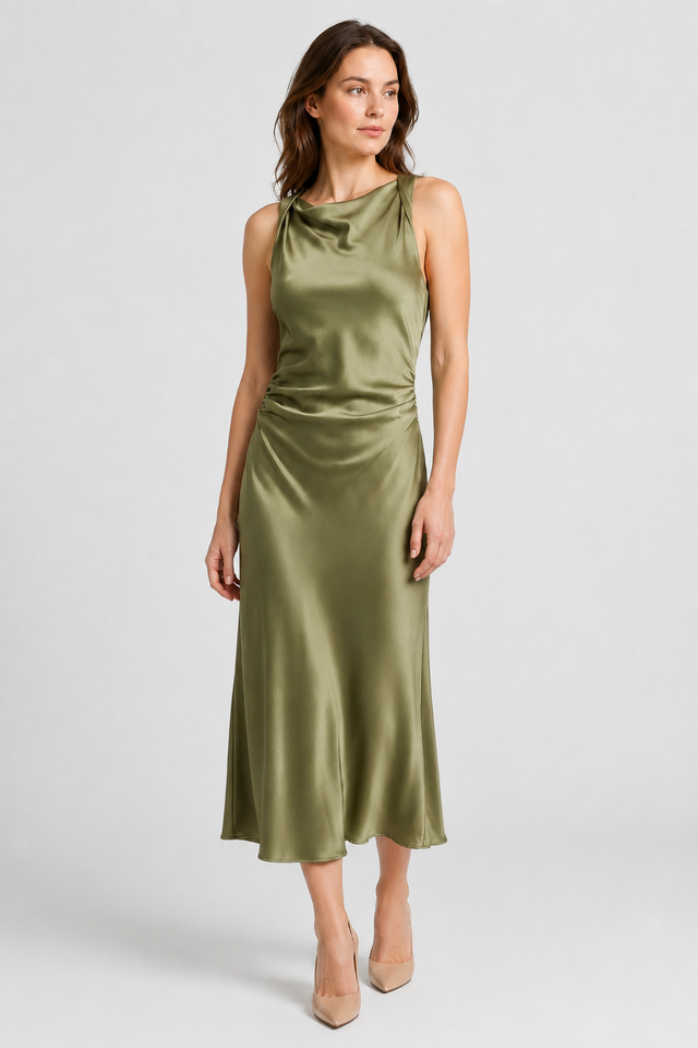 NOMU | Women's Satin Sleeveless Midi Dress – Elegant Draped Evening Slip Dress