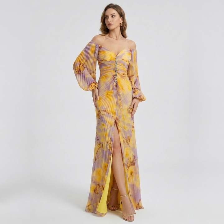 NOMU | Women's Off Shoulder Maxi Dress – Ruched Long Sleeve Split Hem Design