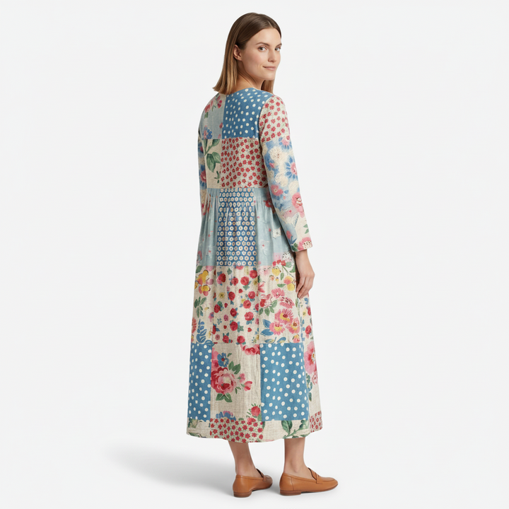 NOMU | Women's Patchwork Midi Dress – Long Sleeve V Neck Relaxed Fit Design