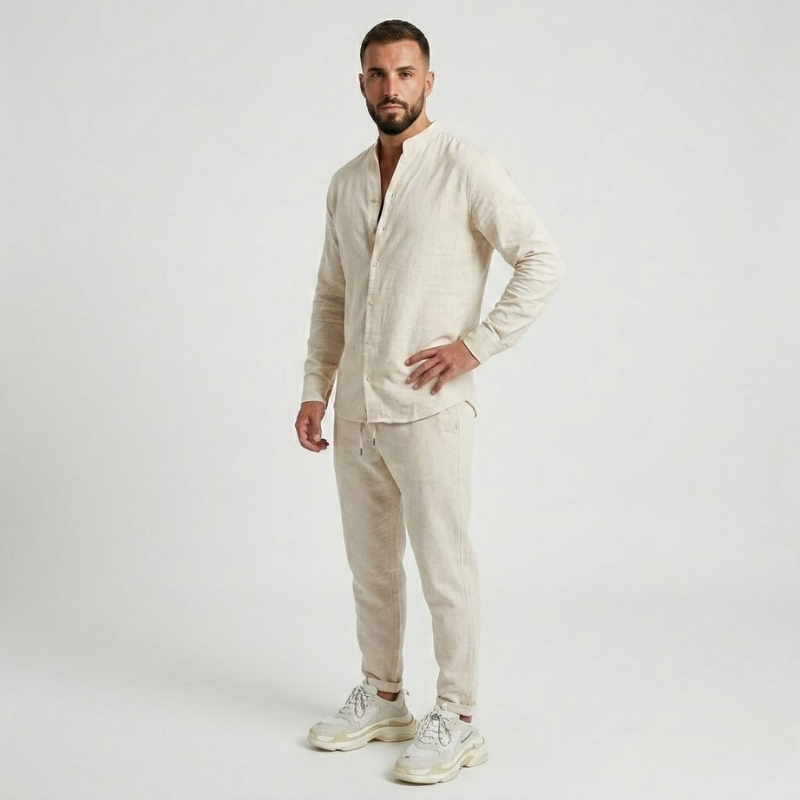 NOMU | Men's Mandarin Collar Linen Button-Down Set – Matching Pants & Drawstring Waist
