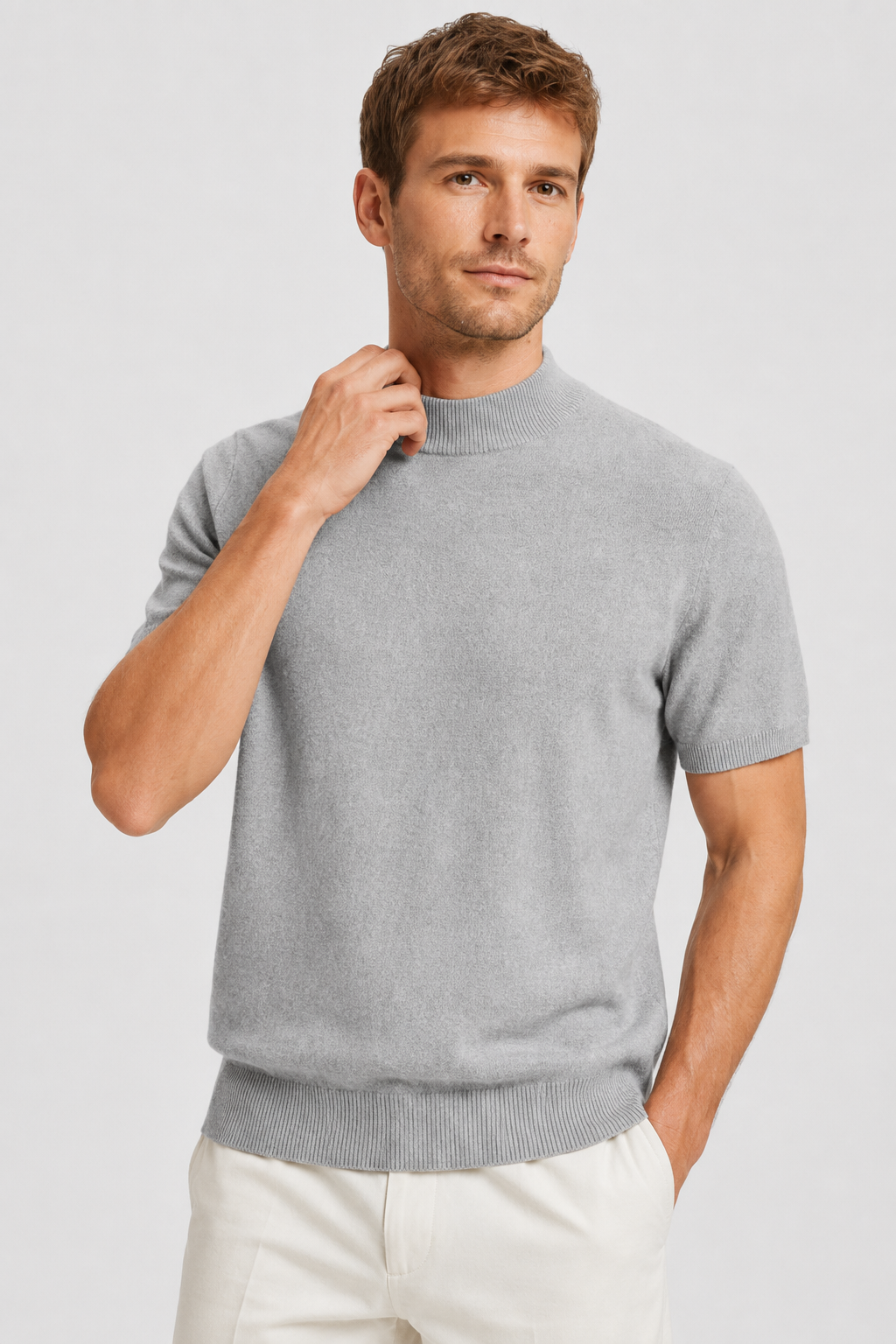 NOMU | Men's Knit Mock Neck Shirt – Minimalist Short Sleeve Design