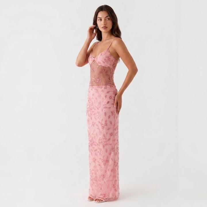 NOMU | Women's Embroidered Maxi Dress – Sleeveless Mesh Cut-Out Bodycon Design